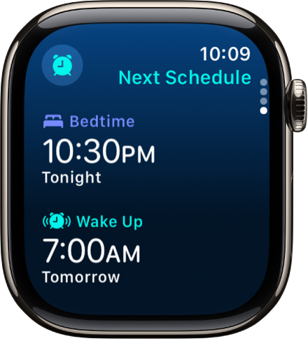 Приложението Sleep (Сън) на Apple Watch, показващо графика за сън за вечерта. Време за сън се появява в горния край, а Време за събуждане се появява отдолу.