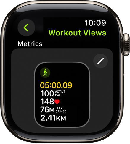 Екранът Workout Views (Изгледи за тренировки), показващ изгледа Metrics (Показатели) за тренировка Hiking (Преход).
