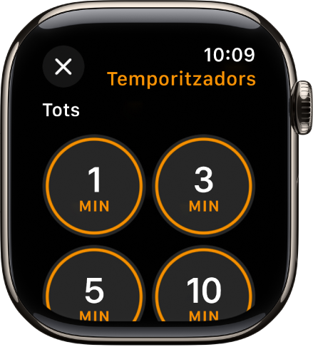 Pantalla de l’app Temporitzador amb el botó “Afegeix” per crear un temporitzador, així com temporitzadors ràpids d’1, 3, 5 o 10 minuts.