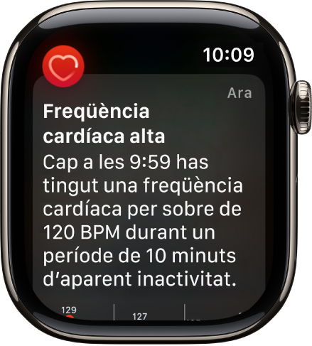 Un avís de freqüència cardíaca que indica una freqüència cardíaca alta.