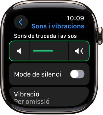 La configuració “Sons i vibracions” a l’Apple Watch amb el regulador del volum d’avís a la part superior i l’interruptor del mode de silenci a sota.