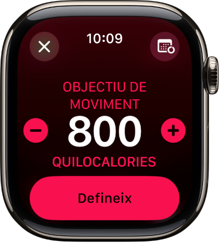 La pantalla de canvi d’objectius amb els botons per augmentar o reduir l’objectiu de moviment.