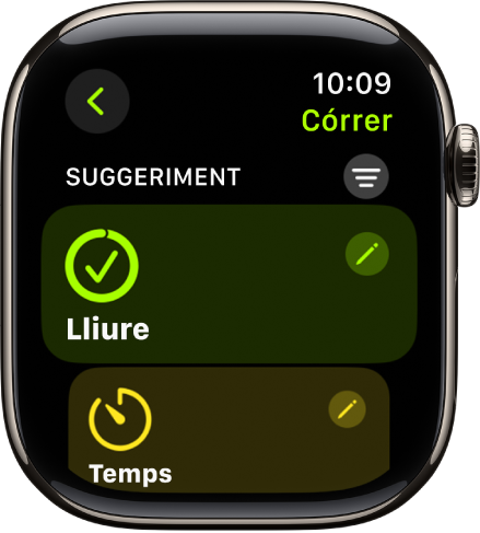L’app Entrenament amb una pantalla per editar un entrenament de córrer. Al centre hi ha el requadre d’objectiu lliure amb el botó d’edició a l’angle superior dret. I a sota, una part del requadre Temps.