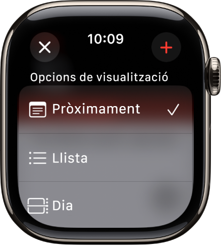 Pantalla del calendari que mostra les opcions de visualització: “A continuació”, Llista i Dia. A la part superior dreta hi ha el botó “Afegeix”.