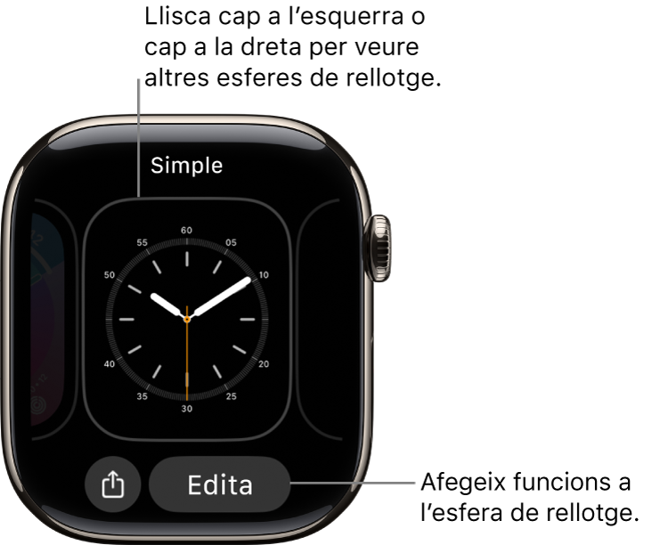 Una esfera de l’Apple Watch amb els botons de compartir i editar que apareixen després de mantenir premuda l’esfera del rellotge. El nom de l’esfera és a sobre. Fes lliscar el dit cap a l’esquerra o cap a la dreta per veure altres opcions de l’esfera. Toca una complicació per veure les funcions que vols.