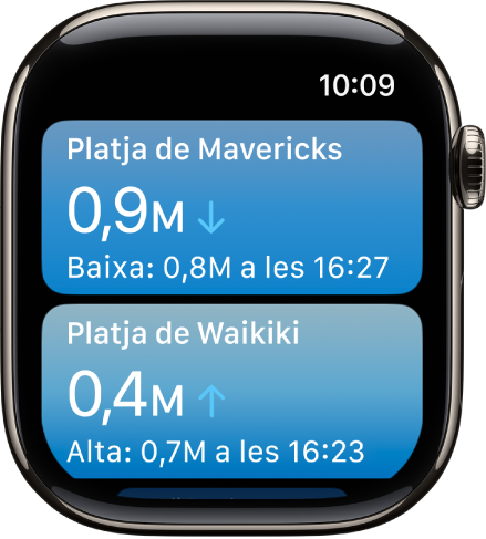Una pantalla de l’app Marees amb una llista d’ubicacions i informació sobre les marees.