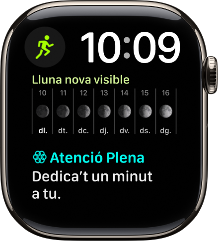 L’esfera Modular duo mostra un rellotge digital cap a la part superior dreta i tres complicacions: Entrenament a la part superior esquerra, Fase Lunar al centre i Atenció Plena a baix.