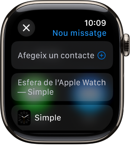 La pantalla de l’Apple Watch mostra un missatge de compartir esfera amb el nom del destinatari al capdamunt. A sota hi ha el botó “Afegeix un contacte” i el nom de l’esfera del rellotge.