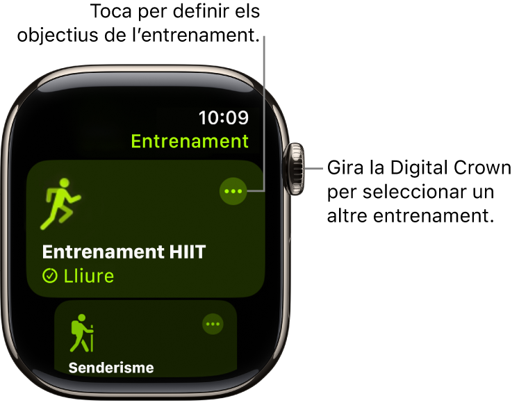 La pantalla de l’entrenament amb l’entrenament a intervals d’alta intensitat ressaltat. A la part superior dreta del requadre de l’entrenament hi ha un botó Més.