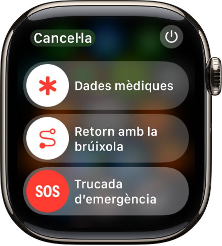 La pantalla dels serveis d’emergències. A prop de la part superior es mostra el regulador “Dades mèdiques”, al centre hi ha el regulador “Retorn amb la brúixola” i a la part inferior hi ha el regulador “Trucada d’emergència”.