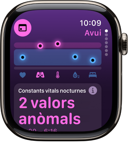 Una pantalla de l’app Constants Vitals amb les mètriques nocturnes de salut.