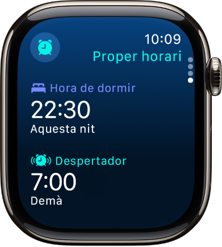 Pantalla de l’app Dormir a l’Apple Watch amb l’horari de son del vespre. L’hora d’anar a dormir apareix a la part superior, i a sota hi ha l’hora de llevar-se.