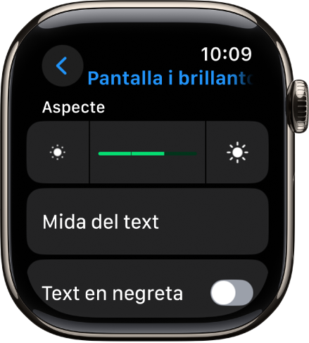 La configuració “Pantalla i brillantor” a l’Apple Watch, amb el regulador de brillantor a la part superior i el botó de “Mida del text” a sota.
