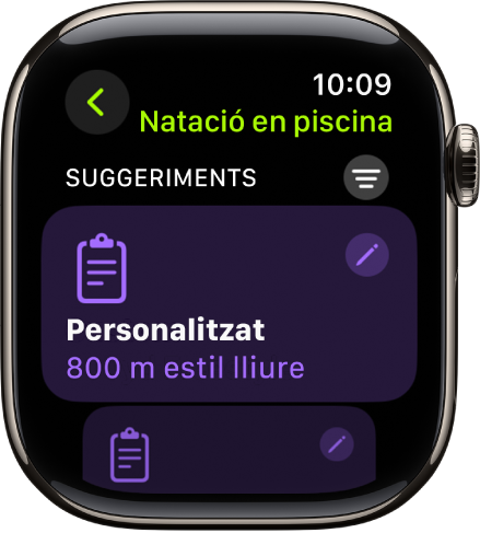 Una pantalla de l’app Entrenament amb la configuració d’un entrenament de natació en piscina personalitzat.