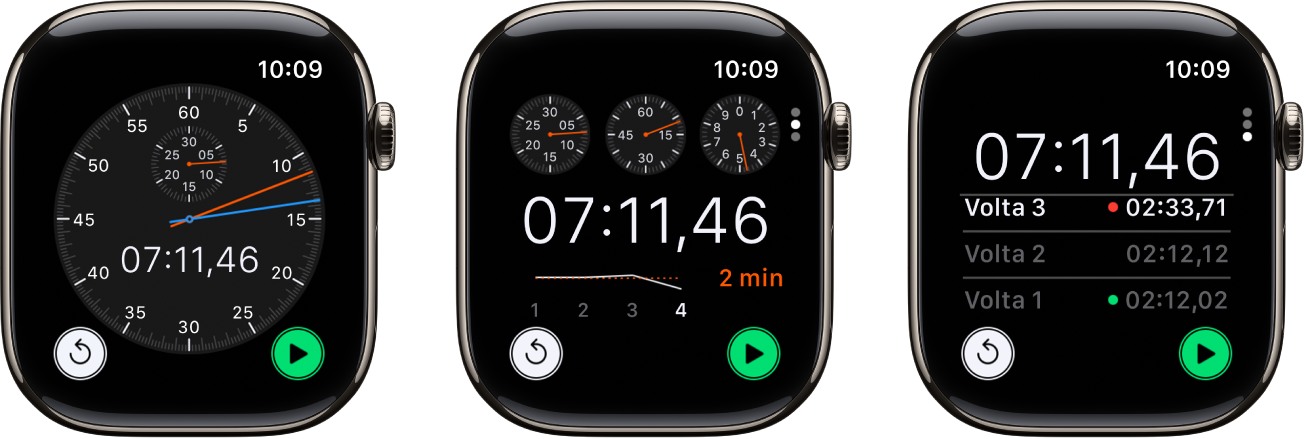 Tres tipus de cronòmetres de l’app Cronòmetre: Un cronòmetre analògic, un cronòmetre híbrid que mostra l’hora tant en analògic com en digital i un cronòmetre digital amb comptador de voltes. Cada cronòmetre té un botó per iniciar i per restablir.