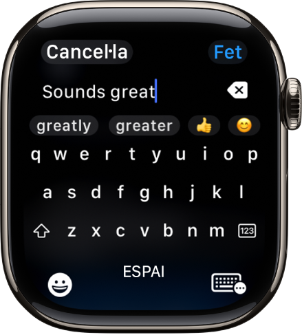 La pantalla del camp de text, en què es mostra un missatge creat amb el teclat en pantalla. El botó dels emojis i el del teclat en pantalla són a la part inferior de la pantalla.