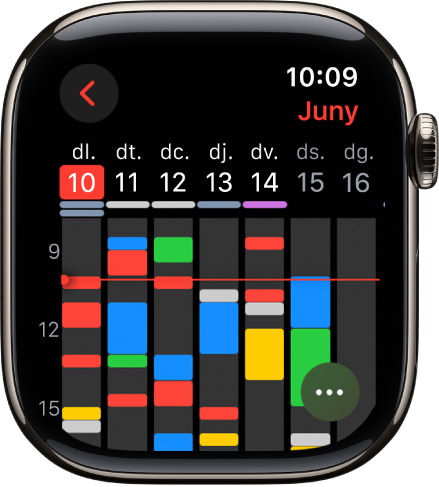 L’app Calendari mostra esdeveniments de la setmana. Cada esdeveniment està codificat per colors, indicant el calendari al qual pertany. El nom del mes es troba a la part superior dreta i els dies i les dates estan repartits per la part superior. Els esdeveniments de tot el dia estan marcats amb una barra a sota de la data de cada dia. Una línia que recorre la setmana indica l’hora actual. A la part inferior dreta hi ha el botó “Més”.
