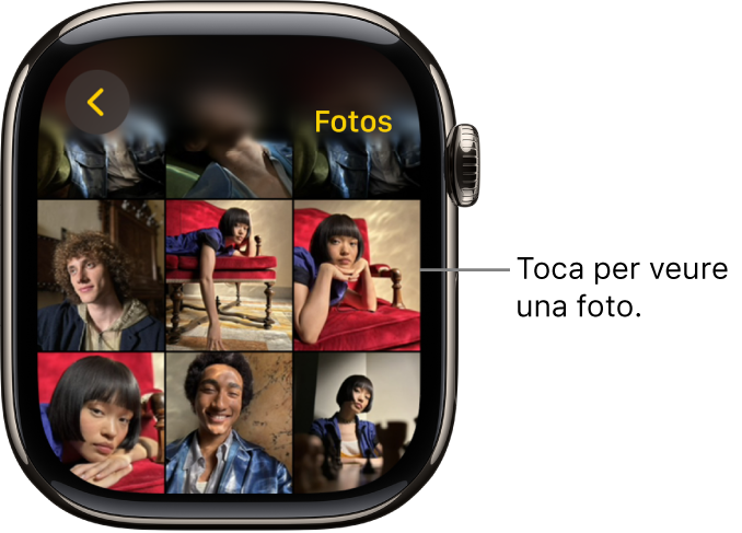 Pantalla principal de l’app Fotos de l’Apple Watch amb diverses fotos mostrades en una quadrícula.
