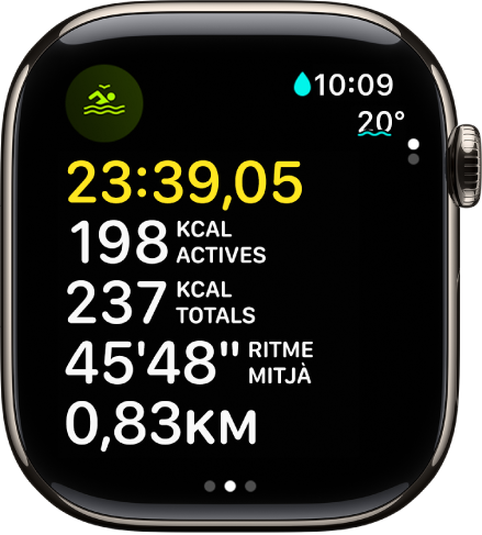 Un entrenament de natació en aigües obertes en què es veu el temps d’entrenament transcorregut, les calories actives cremades, les calories totals cremades, el ritme mitjà i la distància.