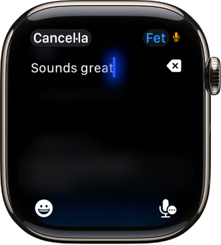 La pantalla del camp de text, en què es mostra un missatge creat amb la funció de dictat. El botó dels emojis i el del dictat són a la part inferior de la pantalla.