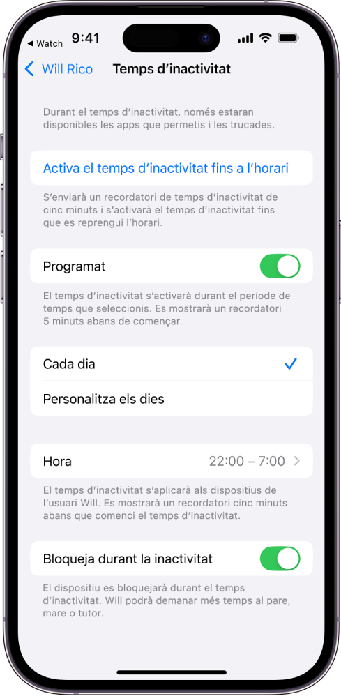L’iPhone mostra la pantalla de configuració de “Temps d’inactivitat”. El botó Programat és a prop de la part superior. Les opcions “Cada dia” i “Personalitza els dies” apareixen a sota. L’opció “Cada dia” està seleccionada. Les hores “Des de” i “Fins a” són al mig de la pantalla i “Bloqueja durant inactivitat” és a prop de la part inferior.