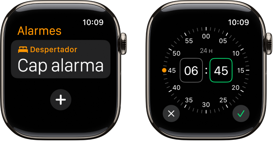 Dues pantalles de rellotge que mostren el procés d’afegir una alarma: toca “Afegeix una alarma”, toca “AM” o “PM”, fes girar la Digital Crown per ajustar l’hora i, després, toca el botó “Marca”.