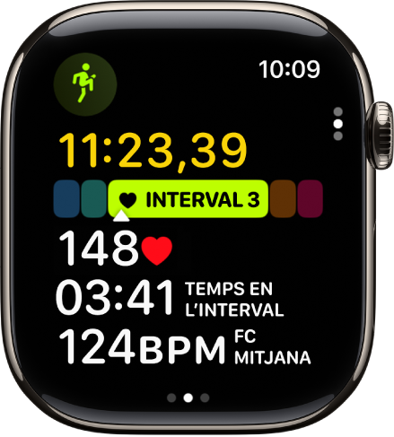Un entrenament en curs amb el temps transcorregut, la freqüència cardíaca actual i la freqüència cardíaca mitjana.