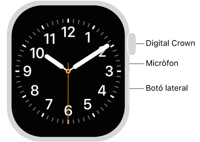 La part de davant de l’Apple Watch Series 10 mostra la pantalla amb l’esfera del rellotge. A la part lateral del rellotge començant per dalt hi ha la Digital Crown, el micròfon i el botó lateral.