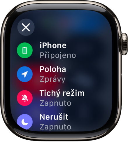 Podrobné zobrazení stavu s informacemi o tom, že je iPhone připojený, aplikace Zprávy využívá údaje o poloze a je zapnutý tichý režim a režim Nerušit