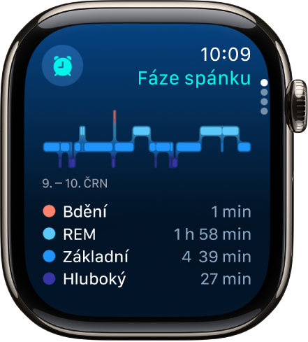 Aplikace Spánek s odhadem doby strávené v bdělém stavu, REM fázi a základním a hlubokém spánku