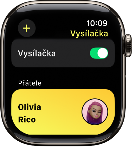 Obrazovka Vysílačka zobrazující v horní části přepínač Vysílačka a v dolní části jméno přítele