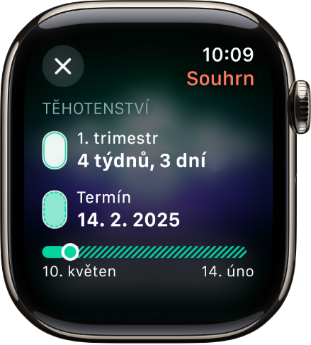 Obrazovka v aplikaci Sledování cyklu znázorňující souhrnné informace o těhotenství s gestačním věkem a datem porodu ve středu obrazovky.
