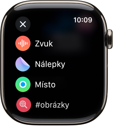 Obrazovka aplikace Zprávy se zobrazením možností pro připojení zvuku, nálepek, polohy a obrázků.
