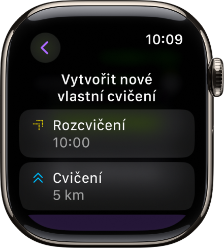 Aplikace Cvičení s obrazovkou pro vytvoření nového vlastního cvičení. Uprostřed se nachází dlaždice Rozcvičení s 10minutovým intervalem a pod ní dlaždice Cvičení s intervalem 3 míle.