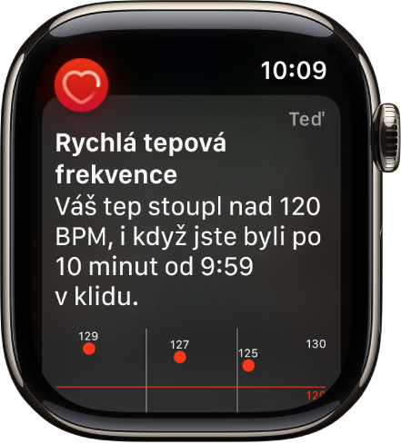 Obrazovka Upozornění na tepovou frekvenci oznamující, že byla zaznamenána vysoká tepová frekvence
