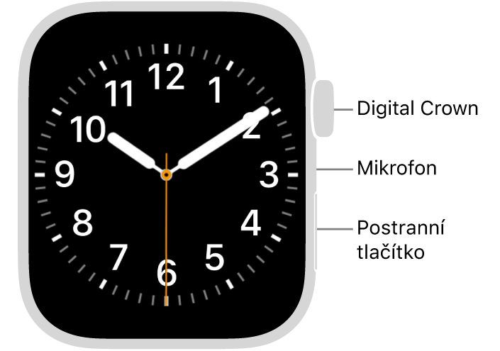 Přední strana hodinek Apple Watch Series 9: na displeji je zobrazen ciferník a na boku se shora dolů nachází korunka Digital Crown, mikrofon a postranní tlačítko.