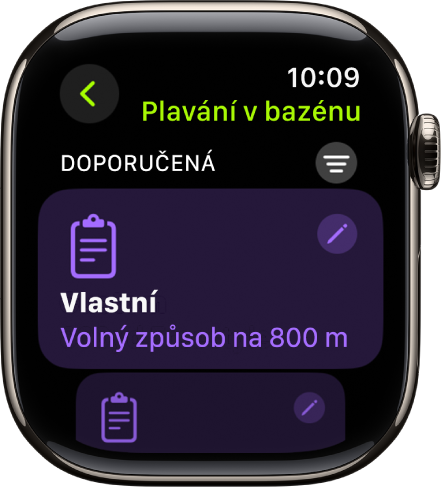 Obrazovka v aplikaci Cvičení se zobrazením nastavení vlastního plaveckého cvičení v bazénu
