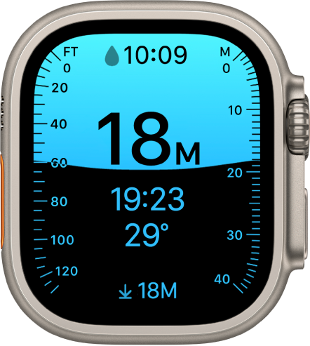 Obrazovka Hloubka na Apple Watch Ultra s údaji o aktuální hloubce, uplynulém času a teplotě vody.