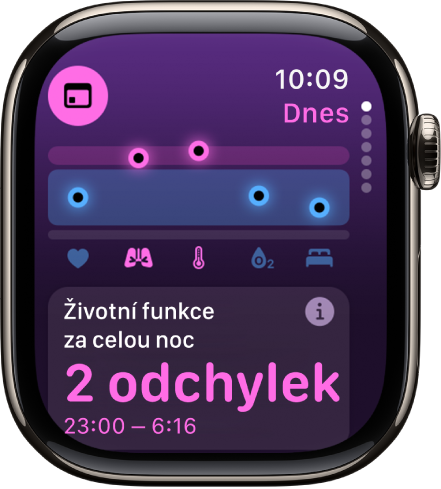 Obrazovka v aplikaci Životní funkce zobrazující hodnoty zdravotních ukazatelů naměřené v noci.