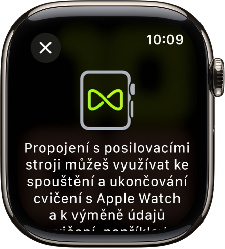 Obrazovka párování, která se zobrazuje, když Apple Watch párujete s posilovacími stroji.