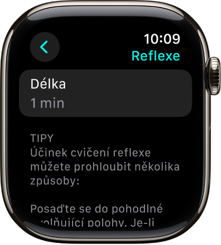 Obrazovka aplikace Všímavost, na níž se nahoře zobrazuje doba jedné minuty. Pod ní jsou tipy a návrhy, jak vylepšit cvičení reflexe.