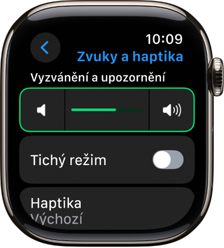 Nastavení zvuků a haptiky na Apple Watch s jezdcem Hlasitost upozornění nahoře a přepínačem tichého režimu pod ním