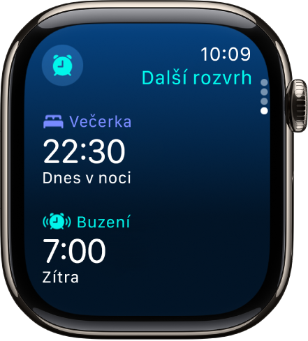 Aplikace Spánek na Apple Watch s rozvrhem spánku pro daný večer. Nahoře je uveden čas Večerka a pod ním čas Buzení.