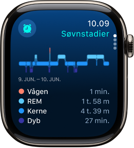 Appen Søvn viser anslået tid, hvor du har været vågen, og hvor længe du har været i REM-søvn, kernesøvn og dyb søvn.
