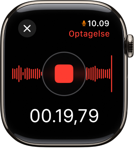 Appen Memoer er midt i optagelsen af et memo. En rød Stop-knap vises i midten. Nedenunder vises optagelsens forløbne tid. Ordet Optagelse vises øverst til højre.