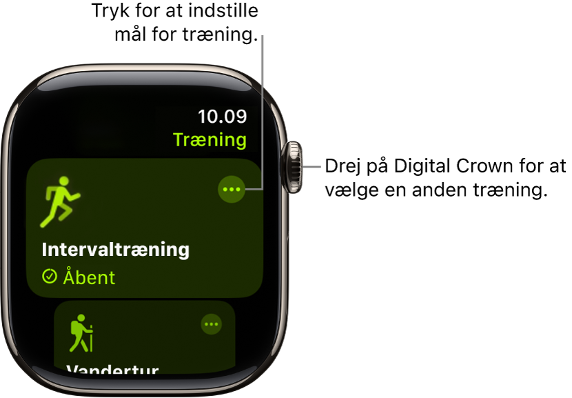 Skærmen Træning, hvor Intervaltræning er markeret. Øverst til højre for træningens navn vises knappen Mere.