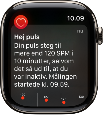 En skærm med advarsel om puls, der indikerer, at der er registreret en høj puls.