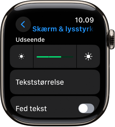 Indstillingerne Skærm & lysstyrke på Apple Watch, med mærket Lysstyrke foroven og knappen Tekststørrelse nedenunder.