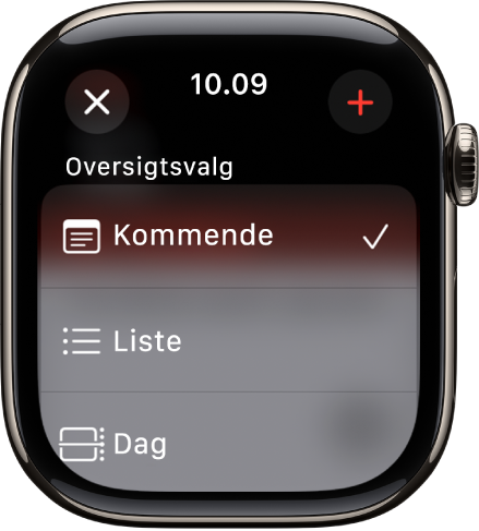 Kalenderskærm, der viser oversigtsmuligheder – Næste, Liste og Dag. Knappen Tilføj er øverst til højre.