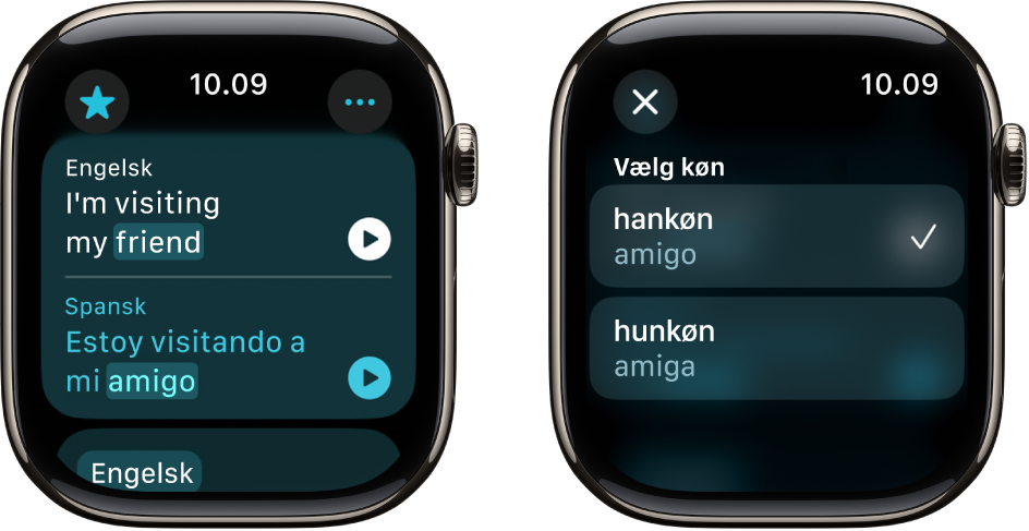To skærme i appen Oversæt, hvor den første viser en sætning på engelsk øverst og oversættelsen på spansk nederst. Den anden skærm viser et markeret ord med forskellige muligheder til grammatisk køn.